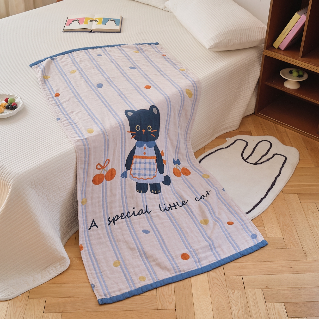 91家纺网 家纺一手货源 找家纺 沐瑟家纺 2025新款卡通A类全棉四层纱布浴巾加大毛巾-第二组 小黑猫 80*160cm浴巾/条