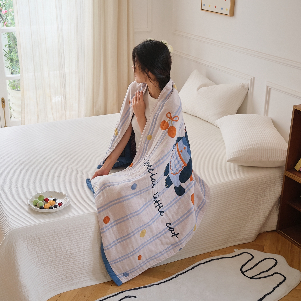 91家纺网 家纺一手货源 找家纺 沐瑟家纺 2025新款卡通A类全棉四层纱布浴巾加大毛巾-第二组 小黑猫 80*160cm浴巾/条