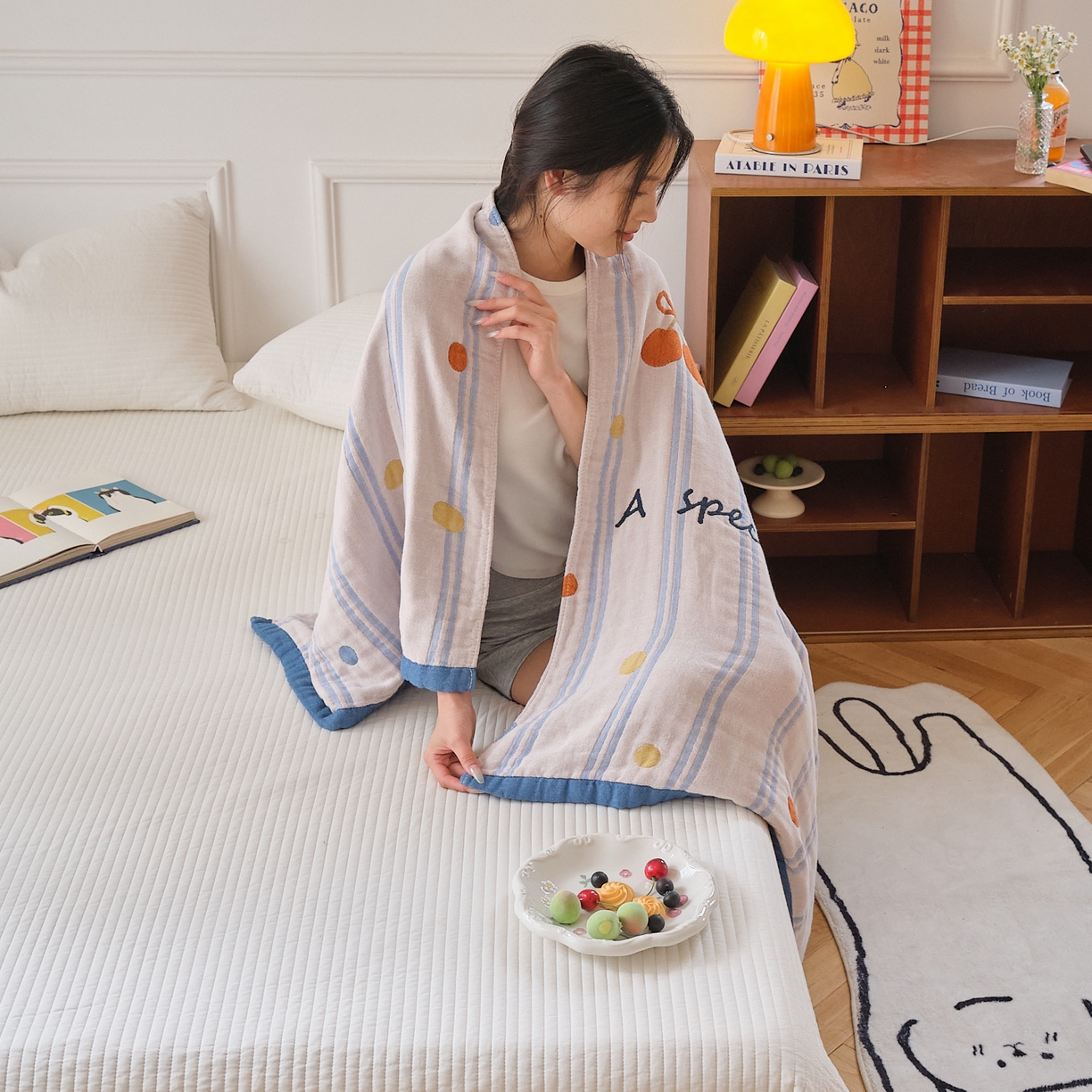 91家纺网 家纺一手货源 找家纺 沐瑟家纺 2025新款卡通A类全棉四层纱布浴巾加大毛巾-第二组 小黑猫 80*160cm浴巾/条