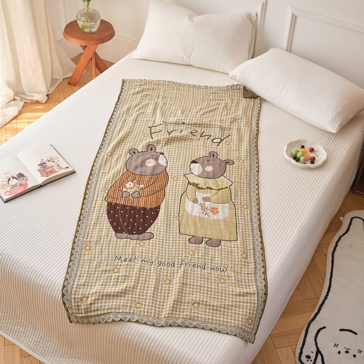 91家纺网 家纺一手货源 找家纺 沐瑟家纺 2025新款卡通A类全棉四层纱布浴巾加大毛巾-第二组 小花熊 80*160cm浴巾/条