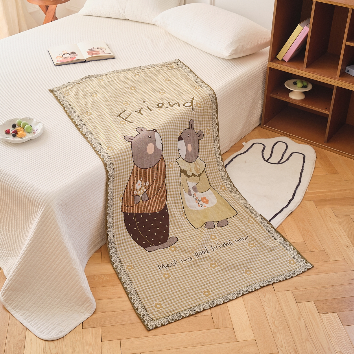 91家纺网 家纺一手货源 找家纺 沐瑟家纺 2025新款卡通A类全棉四层纱布浴巾加大毛巾-第二组 小花熊 80*160cm浴巾/条