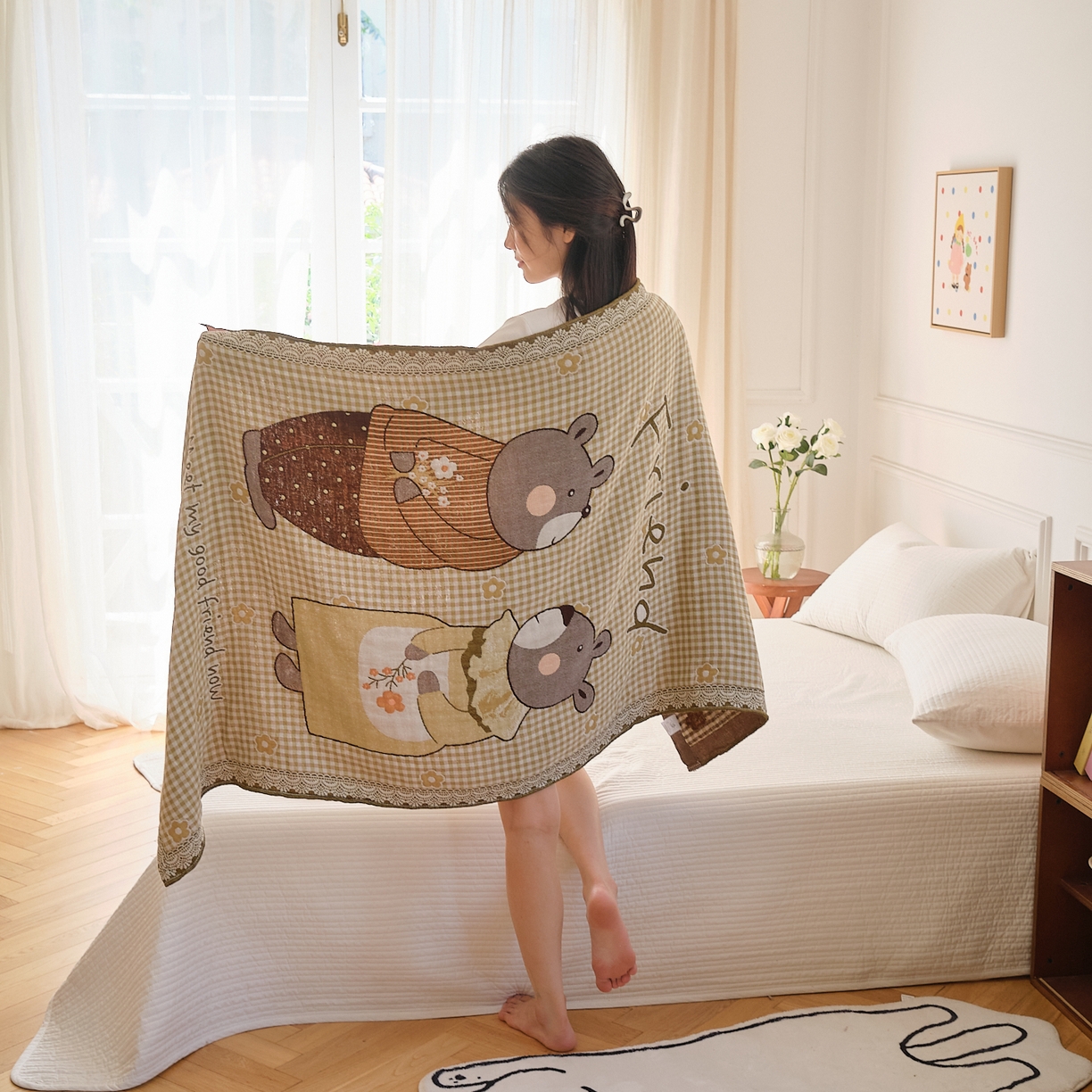 91家纺网 家纺一手货源 找家纺 沐瑟家纺 2025新款卡通A类全棉四层纱布浴巾加大毛巾-第二组 小花熊 80*160cm浴巾/条