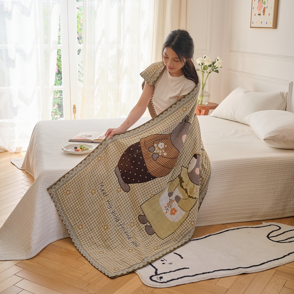 91家纺网 家纺一手货源 找家纺 沐瑟家纺 2025新款卡通A类全棉四层纱布浴巾加大毛巾-第二组 小花熊 80*160cm浴巾/条