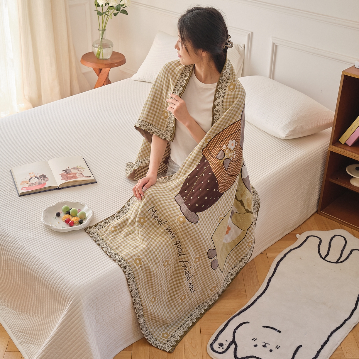 91家纺网 家纺一手货源 找家纺 沐瑟家纺 2025新款卡通A类全棉四层纱布浴巾加大毛巾-第二组 小花熊 80*160cm浴巾/条