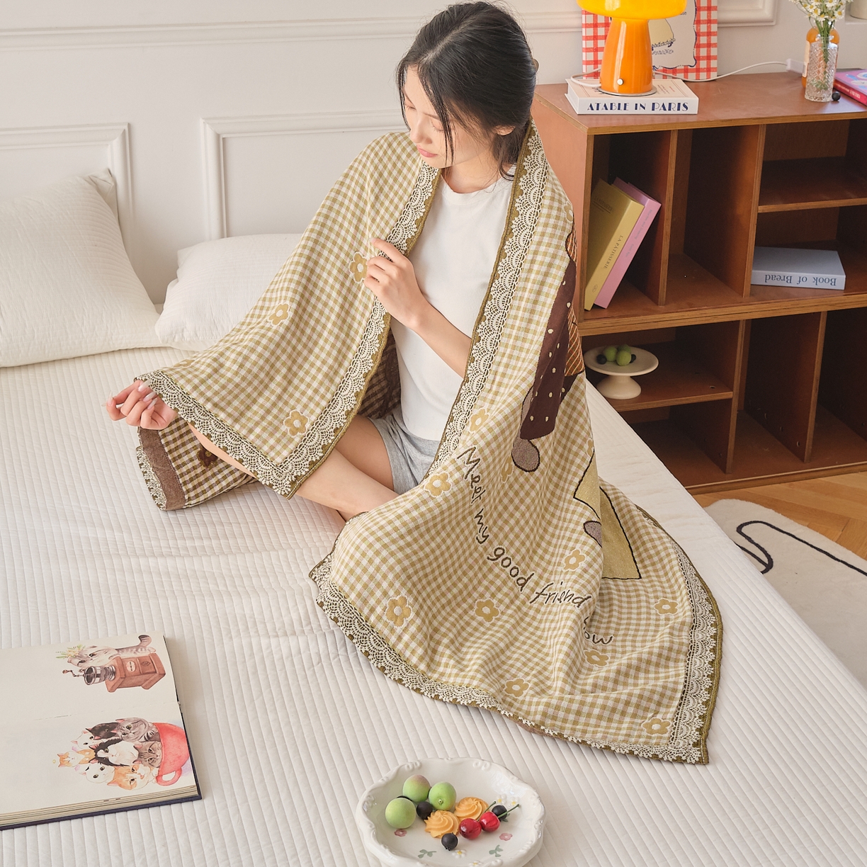 91家纺网 家纺一手货源 找家纺 沐瑟家纺 2025新款卡通A类全棉四层纱布浴巾加大毛巾-第二组 小花熊 80*160cm浴巾/条