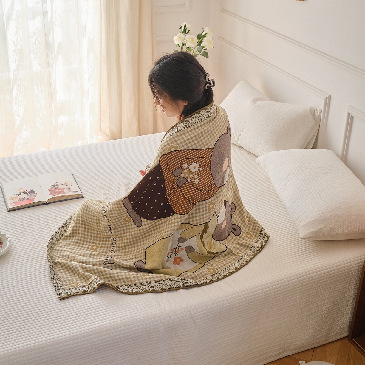 91家纺网 家纺一手货源 找家纺 沐瑟家纺 2025新款卡通A类全棉四层纱布浴巾加大毛巾-第二组 小花熊 80*160cm浴巾/条