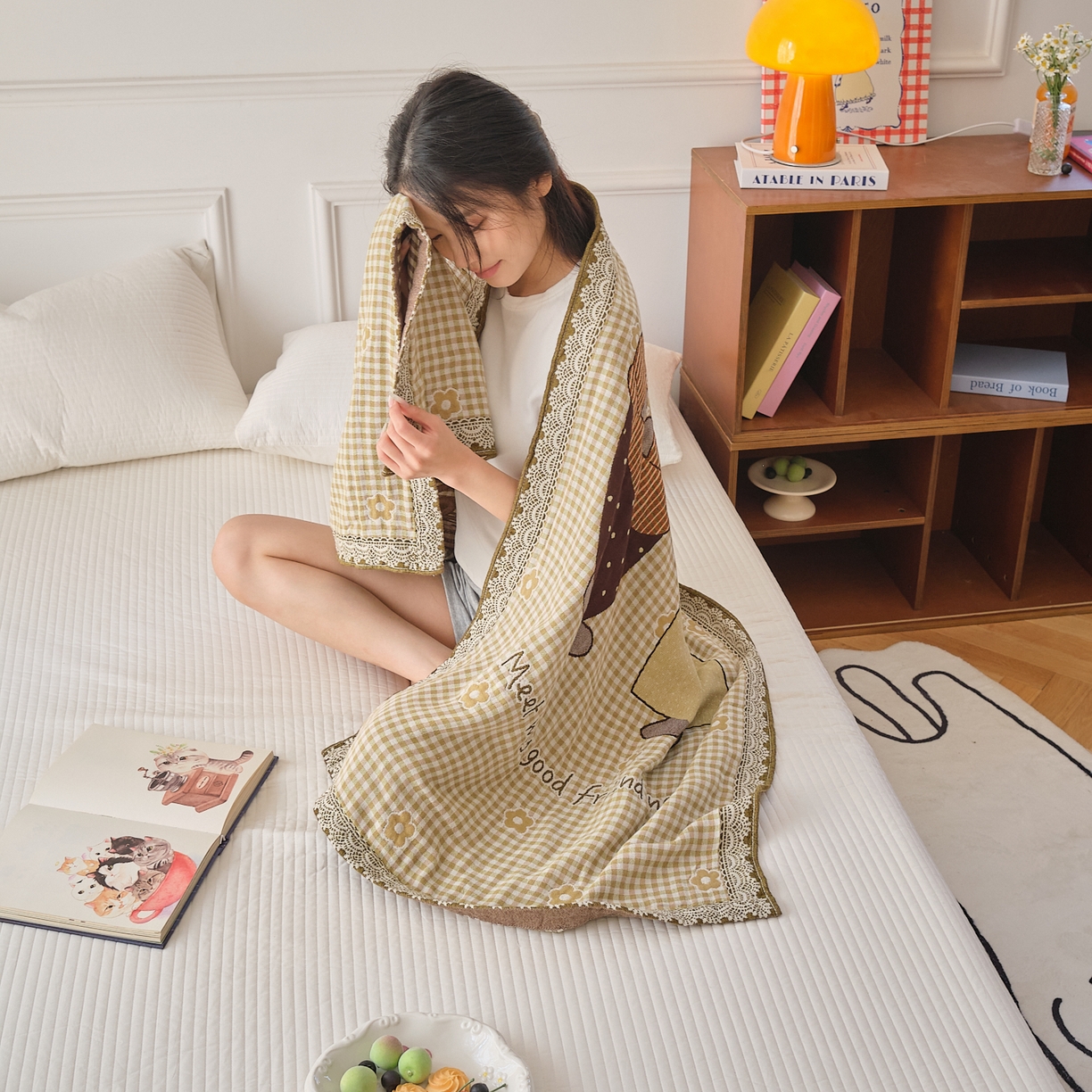 91家纺网 家纺一手货源 找家纺 沐瑟家纺 2025新款卡通A类全棉四层纱布浴巾加大毛巾-第二组 小花熊 80*160cm浴巾/条