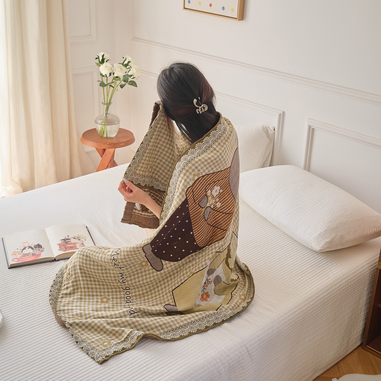 91家纺网 家纺一手货源 找家纺 沐瑟家纺 2025新款卡通A类全棉四层纱布浴巾加大毛巾-第二组 小花熊 80*160cm浴巾/条