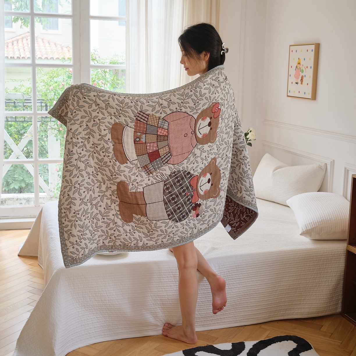 91家纺网 家纺一手货源 找家纺 沐瑟家纺 2025新款卡通A类全棉四层纱布浴巾加大毛巾-第二组 小熊夫妻 80*160cm浴巾/条