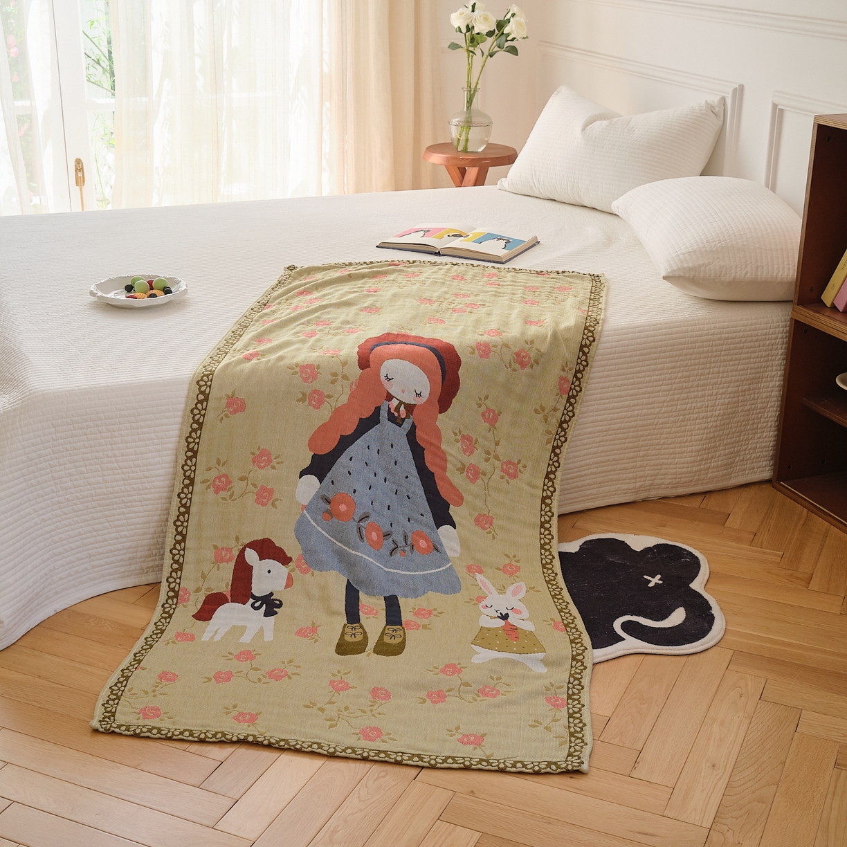 91家纺网 家纺一手货源 找家纺 沐瑟家纺 2025新款卡通A类全棉四层纱布浴巾加大毛巾-第二组 邂逅蔷薇 80*160cm浴巾/条