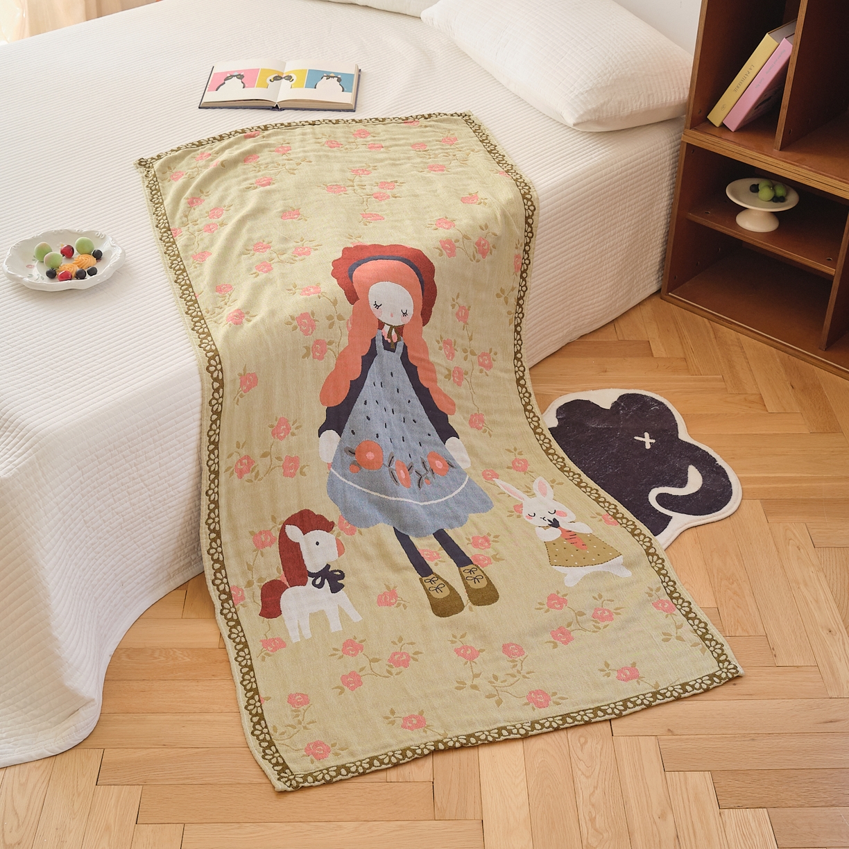 91家纺网 家纺一手货源 找家纺 沐瑟家纺 2025新款卡通A类全棉四层纱布浴巾加大毛巾-第二组 邂逅蔷薇 80*160cm浴巾/条