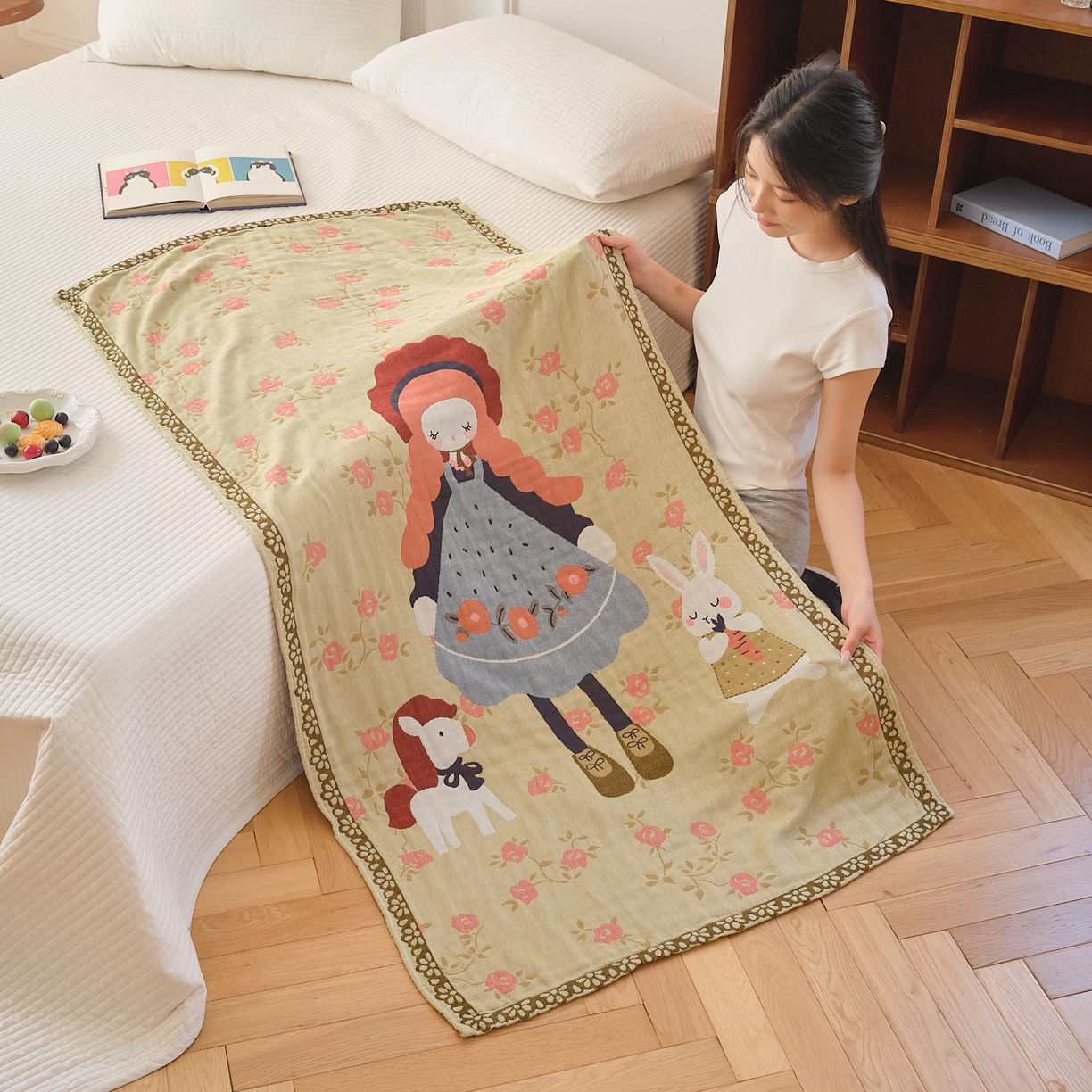 91家纺网 家纺一手货源 找家纺 沐瑟家纺 2025新款卡通A类全棉四层纱布浴巾加大毛巾-第二组 邂逅蔷薇 80*160cm浴巾/条