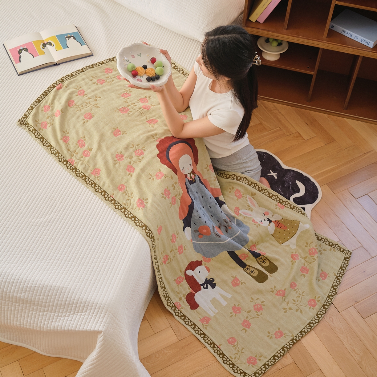 91家纺网 家纺一手货源 找家纺 沐瑟家纺 2025新款卡通A类全棉四层纱布浴巾加大毛巾-第二组 邂逅蔷薇 80*160cm浴巾/条