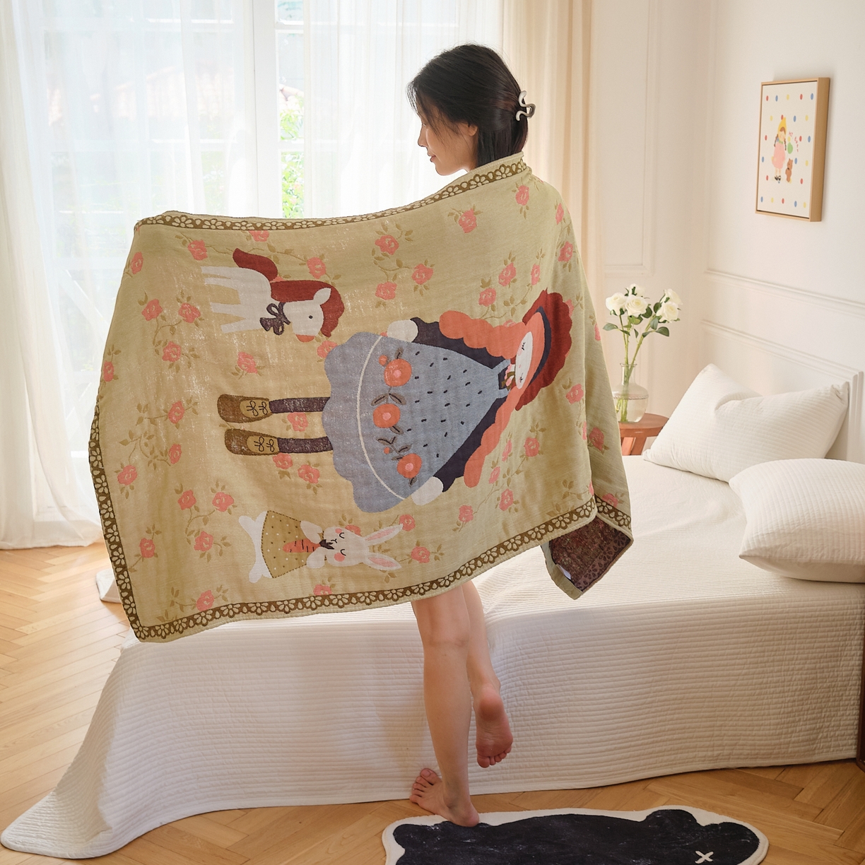 91家纺网 家纺一手货源 找家纺 沐瑟家纺 2025新款卡通A类全棉四层纱布浴巾加大毛巾-第二组 邂逅蔷薇 80*160cm浴巾/条