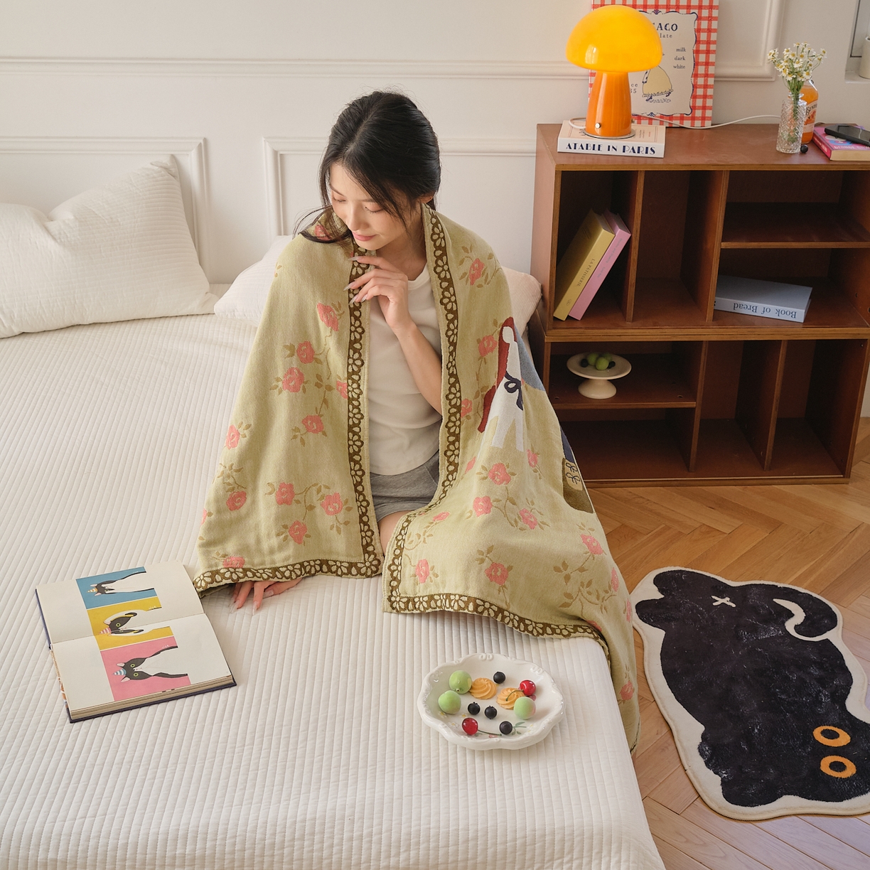 91家纺网 家纺一手货源 找家纺 沐瑟家纺 2025新款卡通A类全棉四层纱布浴巾加大毛巾-第二组 邂逅蔷薇 80*160cm浴巾/条