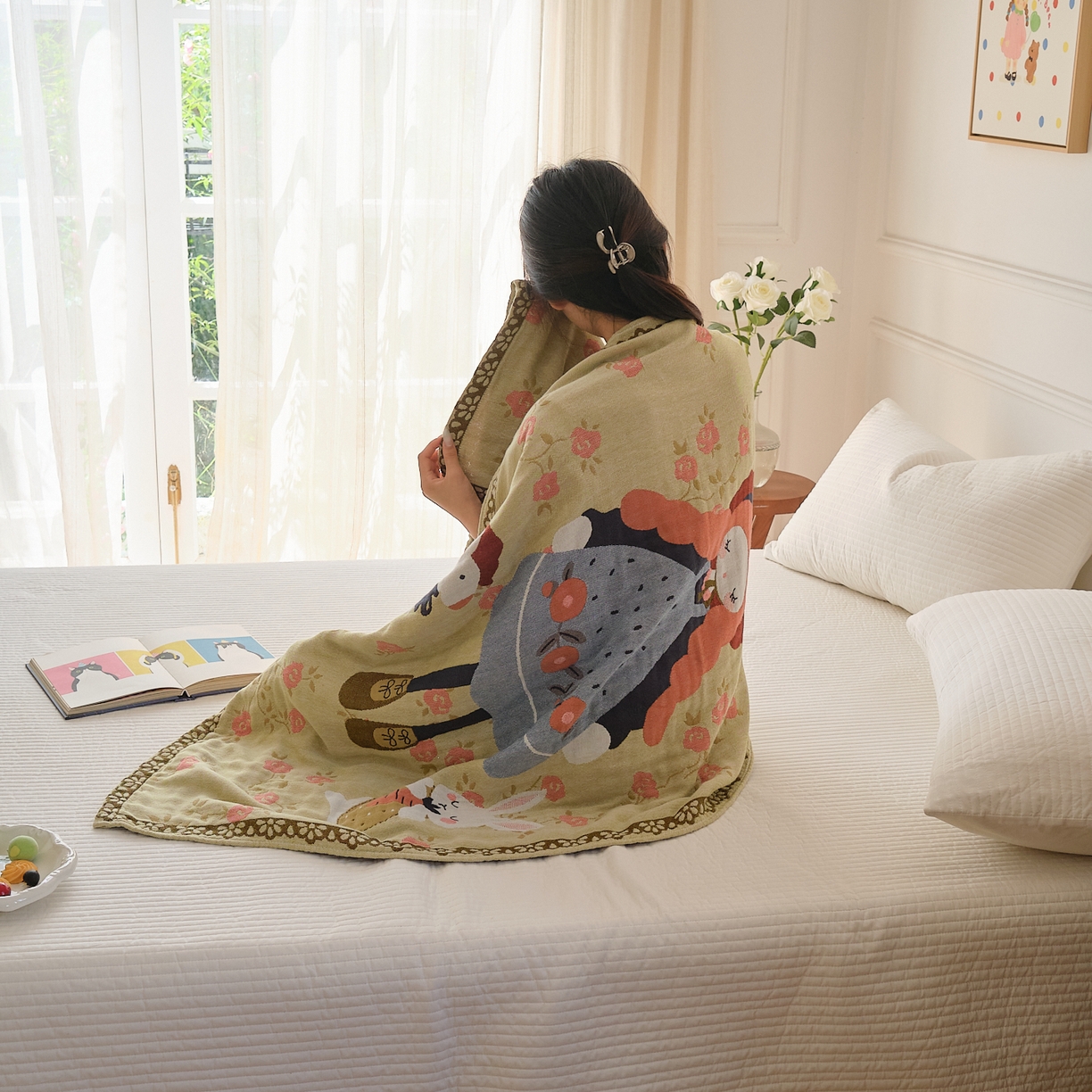 91家纺网 家纺一手货源 找家纺 沐瑟家纺 2025新款卡通A类全棉四层纱布浴巾加大毛巾-第二组 邂逅蔷薇 80*160cm浴巾/条