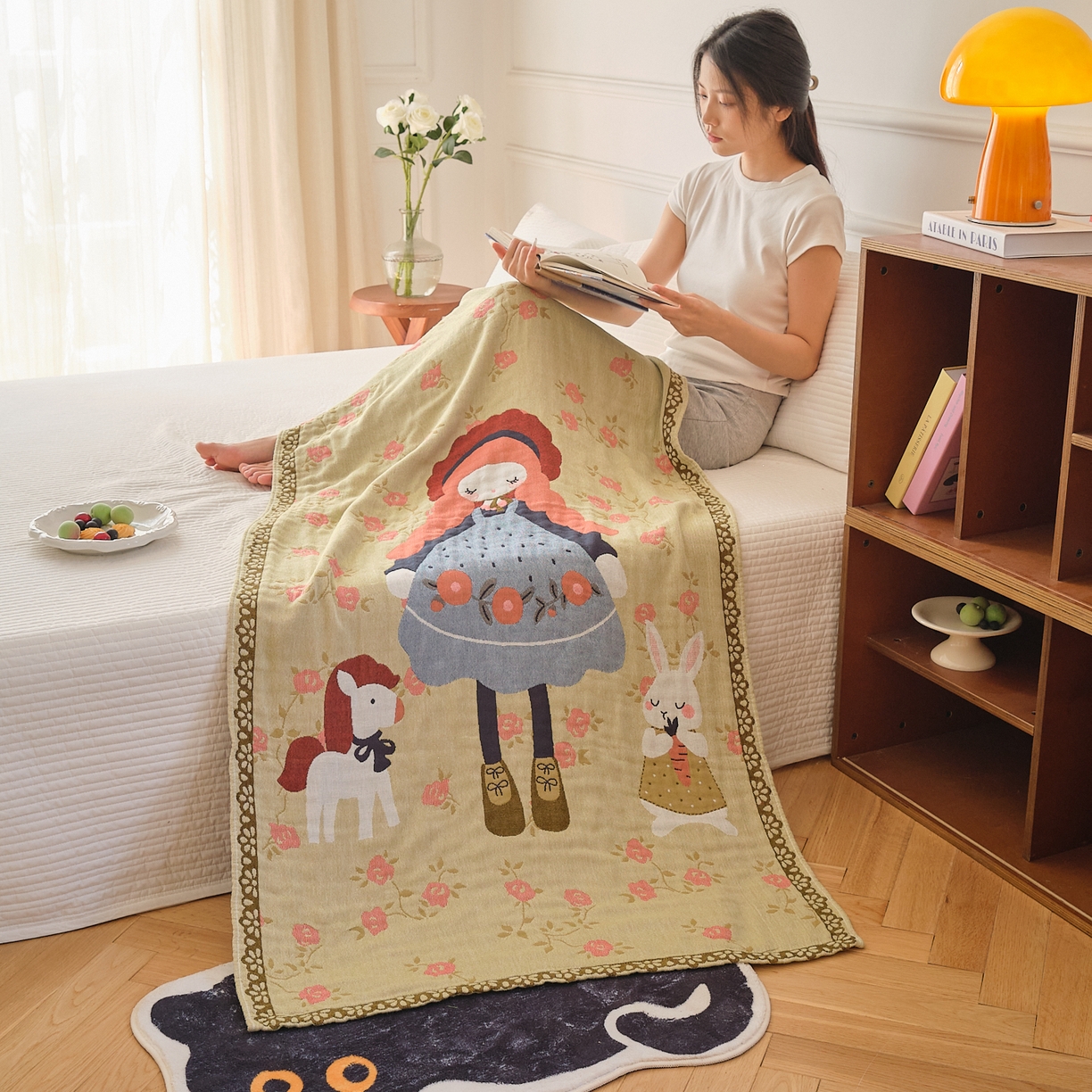 91家纺网 家纺一手货源 找家纺 沐瑟家纺 2025新款卡通A类全棉四层纱布浴巾加大毛巾-第二组 邂逅蔷薇 80*160cm浴巾/条