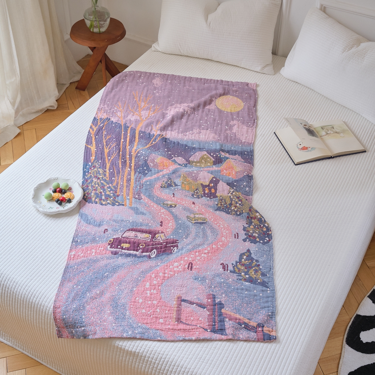 91家纺网 家纺一手货源 找家纺 沐瑟家纺 2025新款卡通A类全棉四层纱布浴巾加大毛巾-第二组 雪乡 80*160cm浴巾/条