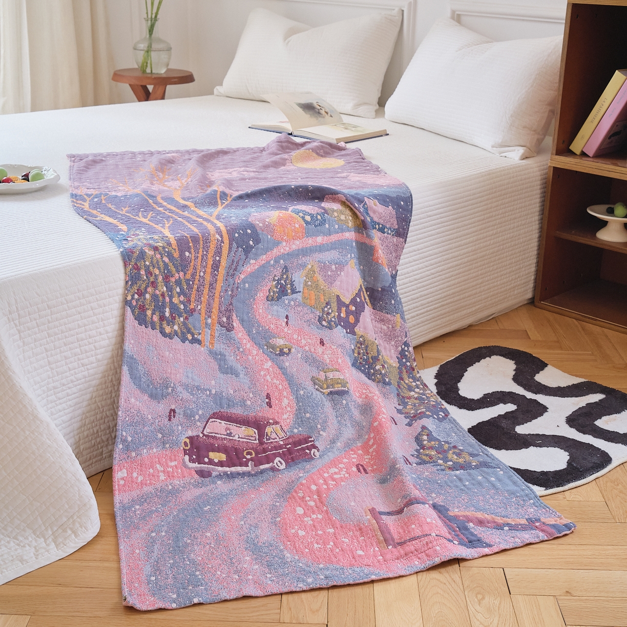 91家纺网 家纺一手货源 找家纺 沐瑟家纺 2025新款卡通A类全棉四层纱布浴巾加大毛巾-第二组 雪乡 80*160cm浴巾/条