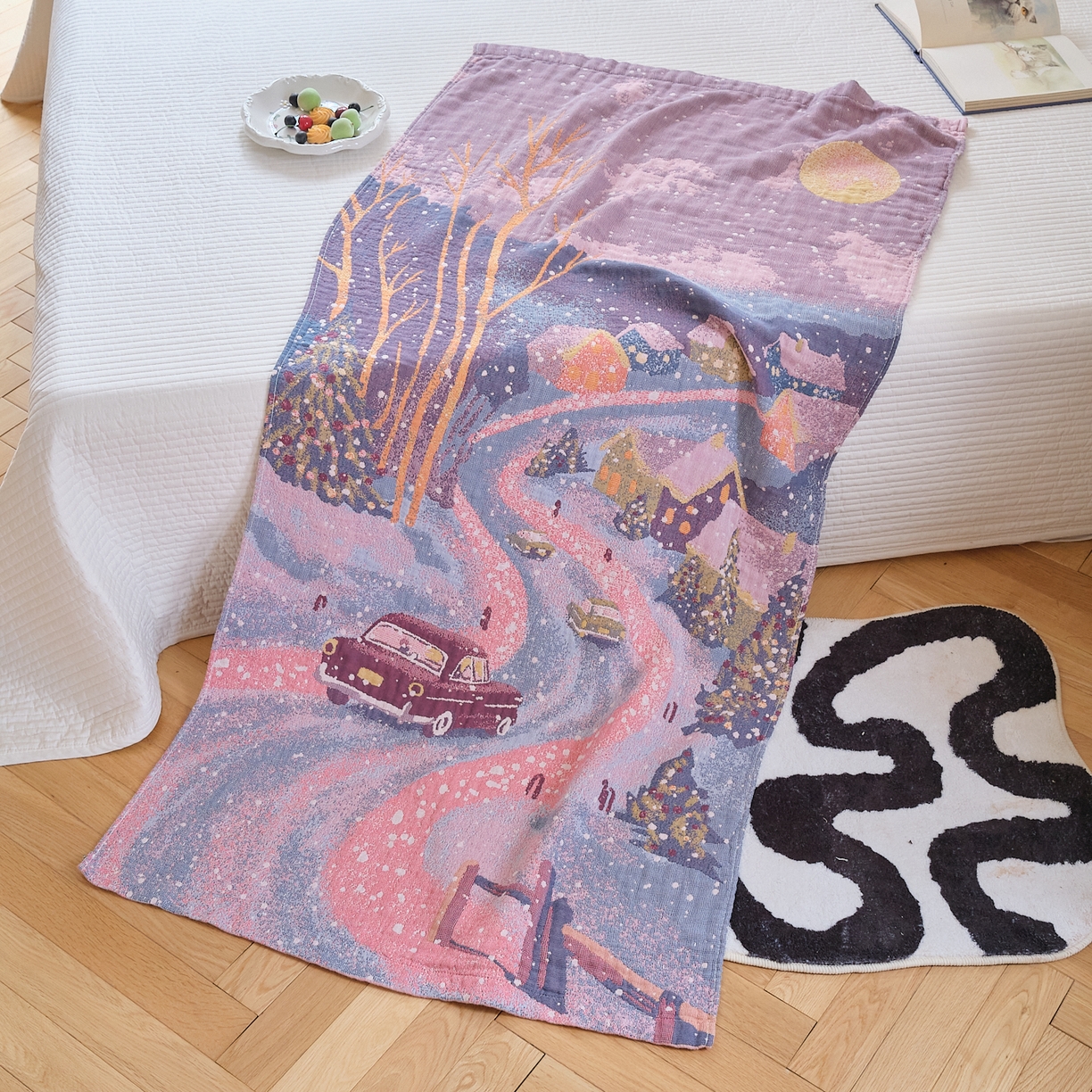 91家纺网 家纺一手货源 找家纺 沐瑟家纺 2025新款卡通A类全棉四层纱布浴巾加大毛巾-第二组 雪乡 80*160cm浴巾/条