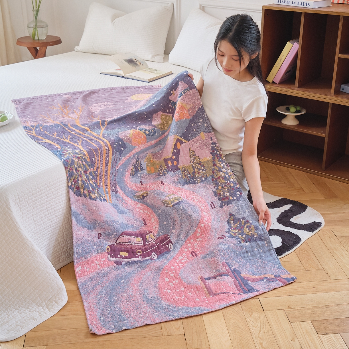 91家纺网 家纺一手货源 找家纺 沐瑟家纺 2025新款卡通A类全棉四层纱布浴巾加大毛巾-第二组 雪乡 80*160cm浴巾/条