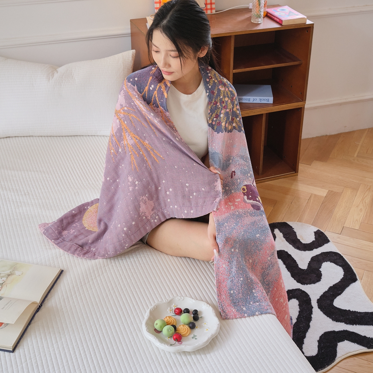 91家纺网 家纺一手货源 找家纺 沐瑟家纺 2025新款卡通A类全棉四层纱布浴巾加大毛巾-第二组 雪乡 80*160cm浴巾/条