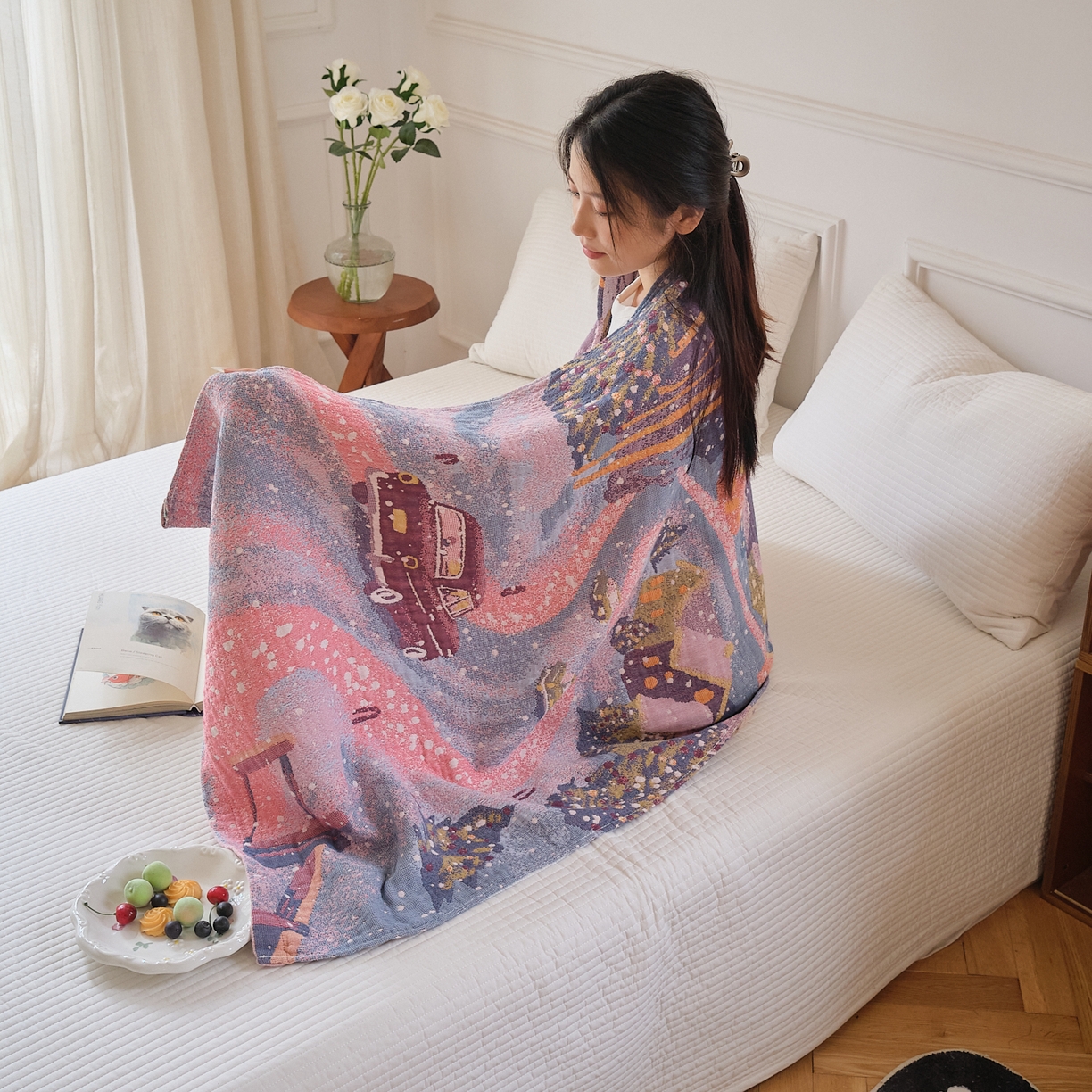 91家纺网 家纺一手货源 找家纺 沐瑟家纺 2025新款卡通A类全棉四层纱布浴巾加大毛巾-第二组 雪乡 80*160cm浴巾/条