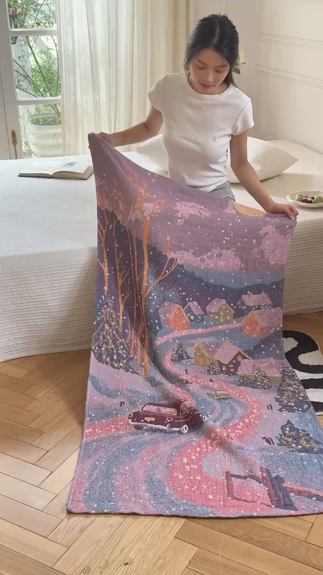 91家纺网 家纺一手货源 找家纺 沐瑟家纺 2025新款卡通A类全棉四层纱布浴巾加大毛巾-第二组 雪乡 80*160cm浴巾/条