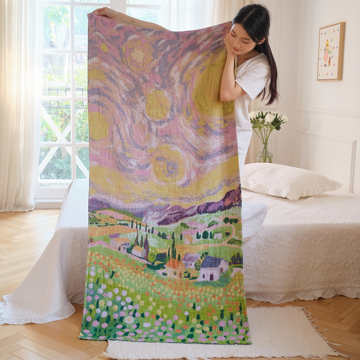 沐瑟家纺 2025新款卡通A类全棉四层纱布浴巾加大毛巾-第二组 印象乡村 80*160cm浴巾/条