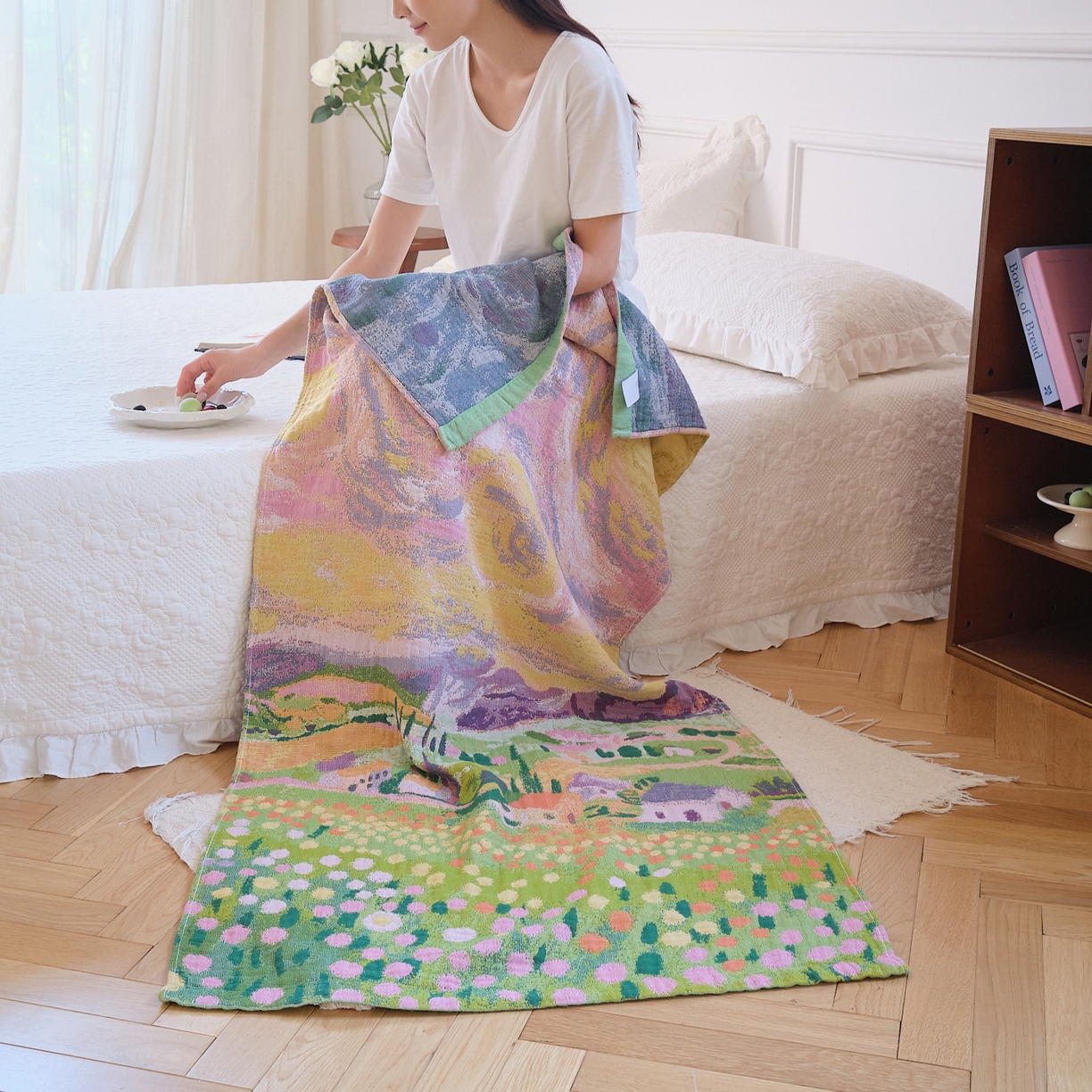 91家纺网 家纺一手货源 找家纺 沐瑟家纺 2025新款卡通A类全棉四层纱布浴巾加大毛巾-第二组 印象乡村 80*160cm浴巾/条