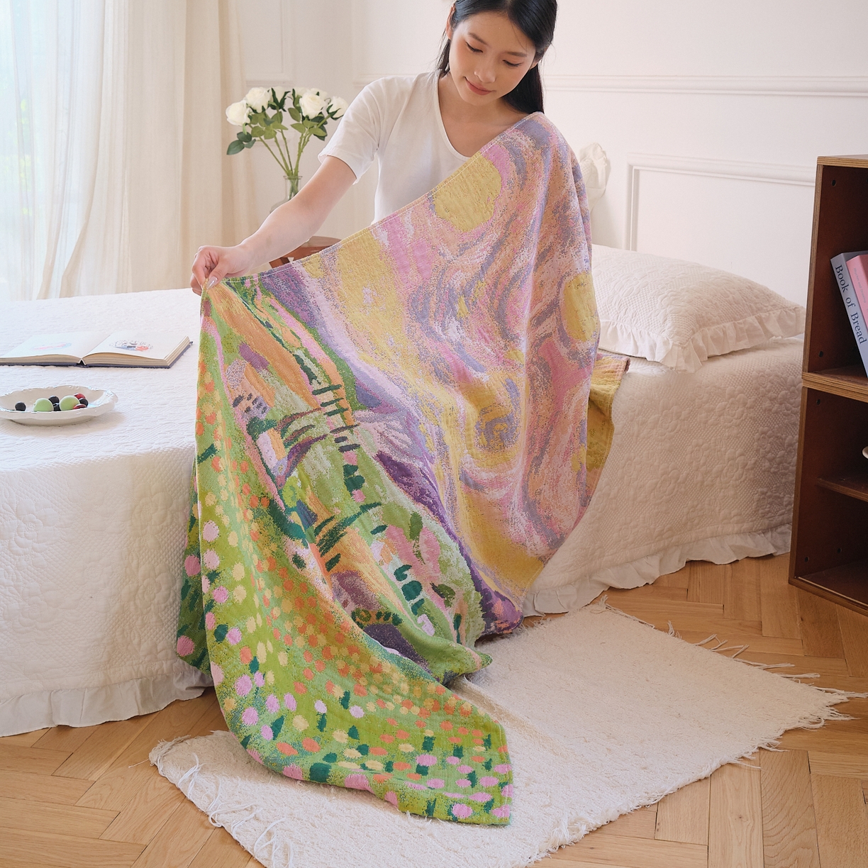 91家纺网 家纺一手货源 找家纺 沐瑟家纺 2025新款卡通A类全棉四层纱布浴巾加大毛巾-第二组 印象乡村 80*160cm浴巾/条