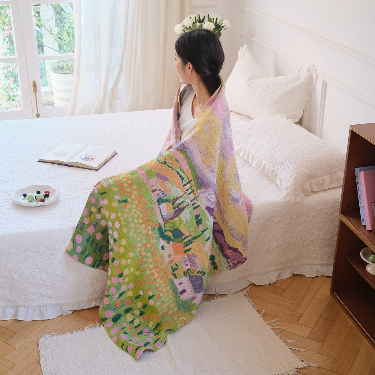 91家纺网 家纺一手货源 找家纺 沐瑟家纺 2025新款卡通A类全棉四层纱布浴巾加大毛巾-第二组 印象乡村 80*160cm浴巾/条