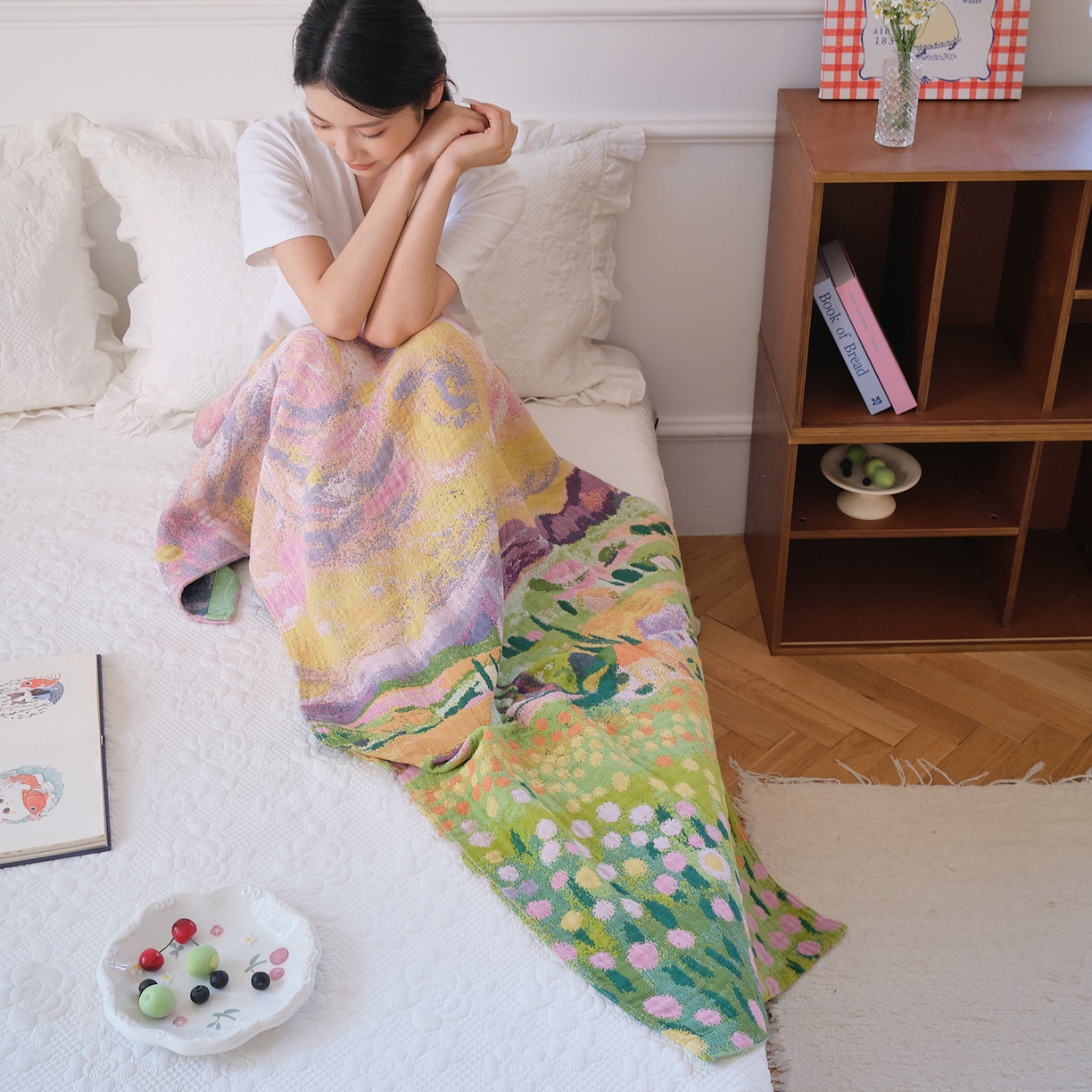 91家纺网 家纺一手货源 找家纺 沐瑟家纺 2025新款卡通A类全棉四层纱布浴巾加大毛巾-第二组 印象乡村 80*160cm浴巾/条