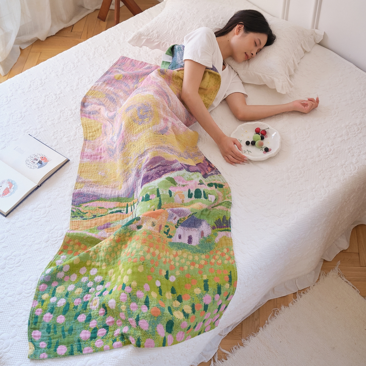 91家纺网 家纺一手货源 找家纺 沐瑟家纺 2025新款卡通A类全棉四层纱布浴巾加大毛巾-第二组 印象乡村 80*160cm浴巾/条