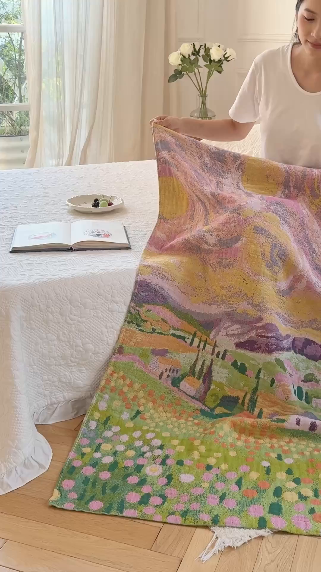 91家纺网 家纺一手货源 找家纺 沐瑟家纺 2025新款卡通A类全棉四层纱布浴巾加大毛巾-第二组 印象乡村 80*160cm浴巾/条