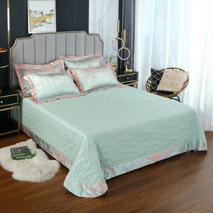 91家纺网 家纺一手货源 找家纺 OL家纺 2025新款亲肤丝加棉提花四件套 淡雅芬芳-水绿