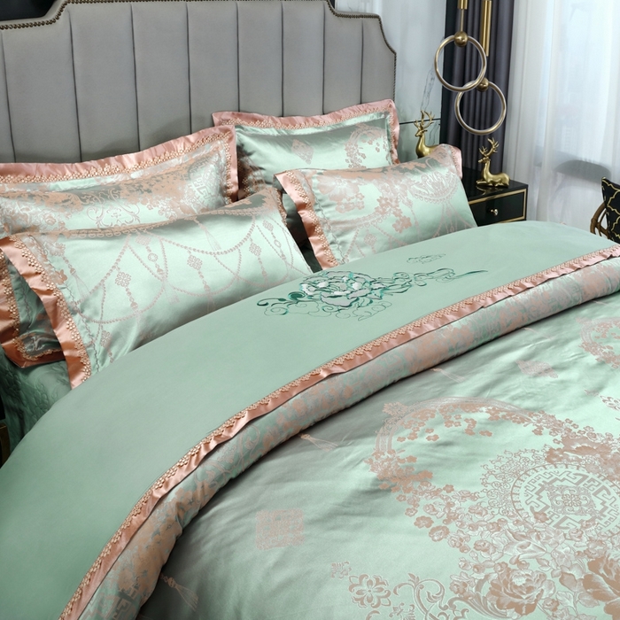 91家纺网 家纺一手货源 找家纺 OL家纺 2025新款亲肤丝加棉提花四件套 淡雅芬芳-水绿