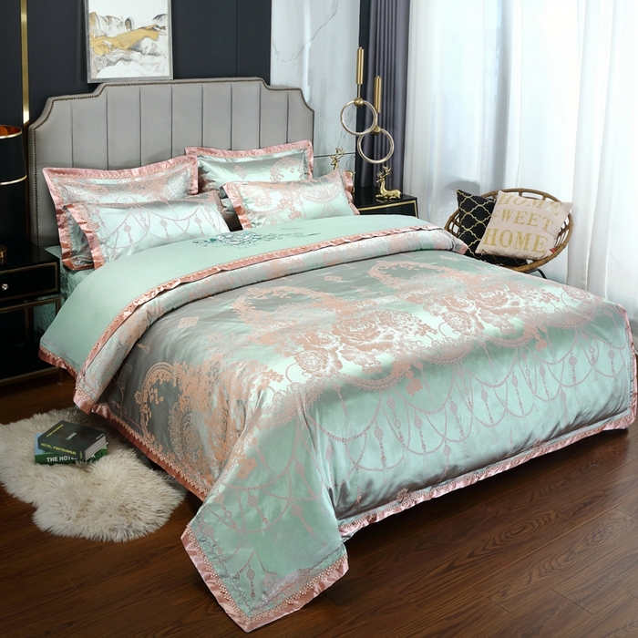 91家纺网 家纺一手货源 找家纺 OL家纺 2025新款亲肤丝加棉提花四件套 淡雅芬芳-水绿