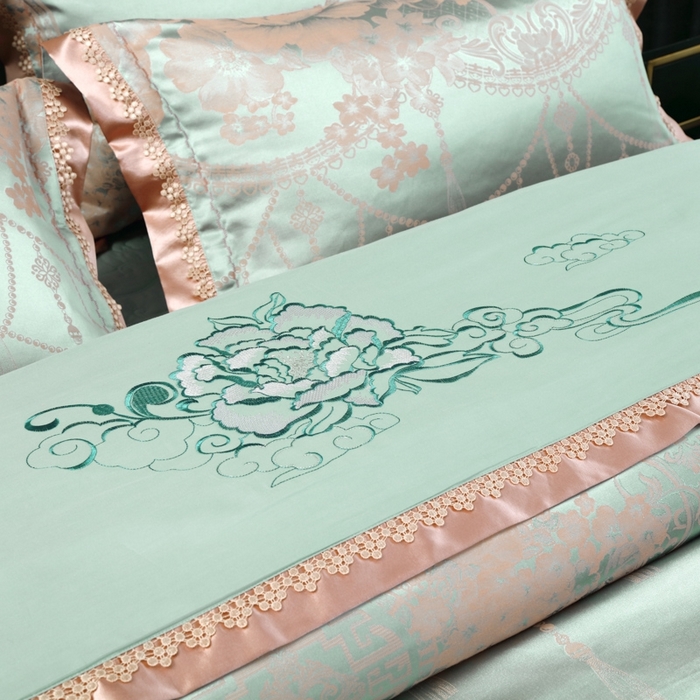 91家纺网 家纺一手货源 找家纺 OL家纺 2025新款亲肤丝加棉提花四件套 淡雅芬芳-水绿