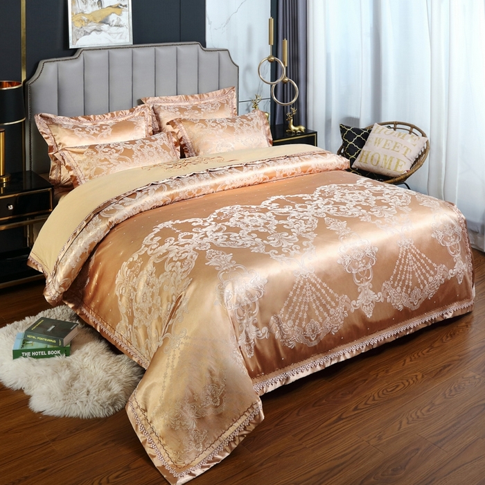 91家纺网 家纺一手货源 找家纺 OL家纺 2025新款亲肤丝加棉提花四件套 贵族豪情-奶咖