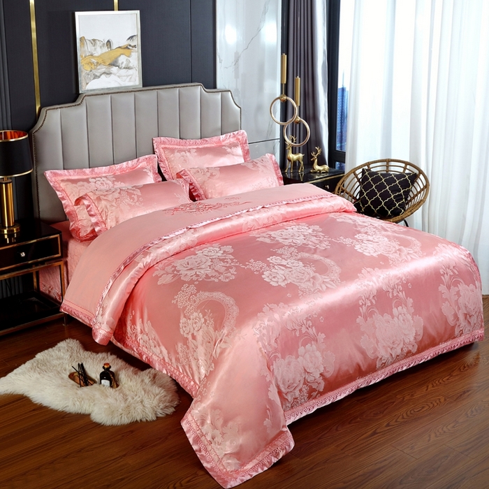 91家纺网 家纺一手货源 找家纺 OL家纺 2025新款亲肤丝加棉提花四件套 花语寻梦-粉玉