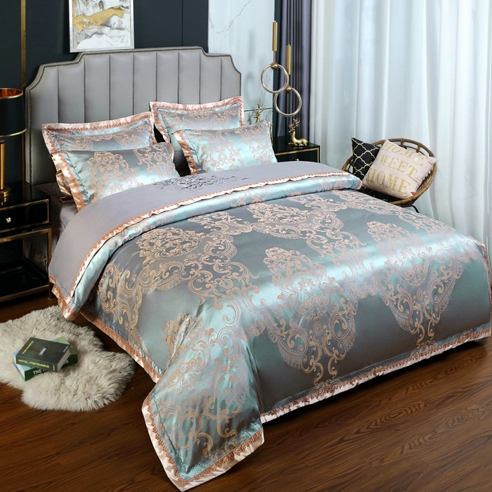 91家纺网 家纺一手货源 找家纺 OL家纺 2025新款亲肤丝加棉提花四件套 喀秋莎-灰绿