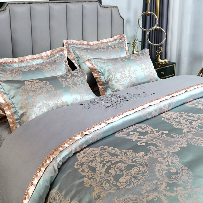 91家纺网 家纺一手货源 找家纺 OL家纺 2025新款亲肤丝加棉提花四件套 喀秋莎-灰绿