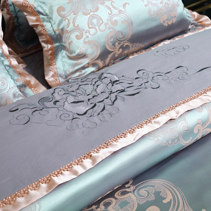 91家纺网 家纺一手货源 找家纺 OL家纺 2025新款亲肤丝加棉提花四件套 喀秋莎-灰绿