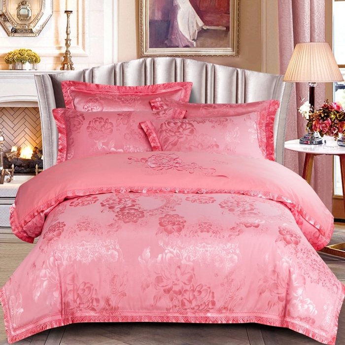 OL家纺 2025新款亲肤丝加棉提花四件套 蜜月花期-夕阳红