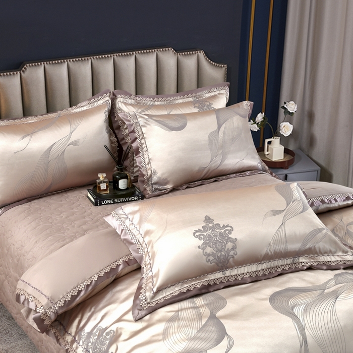 91家纺网 家纺一手货源 找家纺 OL家纺 2025新款亲肤丝加棉提花四件套 青春如歌-金灰