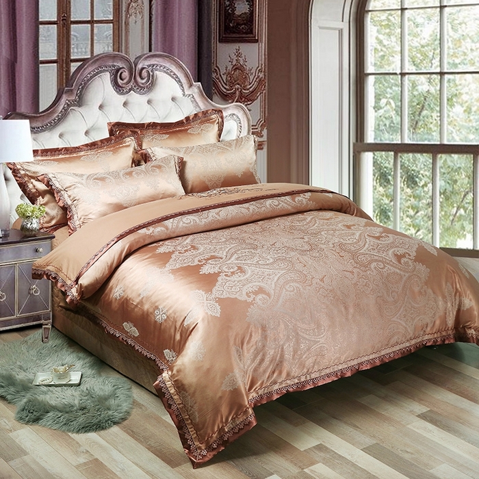 91家纺网 家纺一手货源 找家纺 OL家纺 2025新款亲肤丝加棉提花四件套 盛世繁华-咖驼