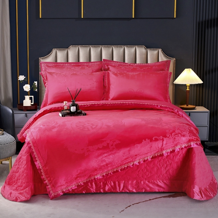 OL家纺 2025新款亲肤丝加棉提花四件套 双喜龙凤-大红