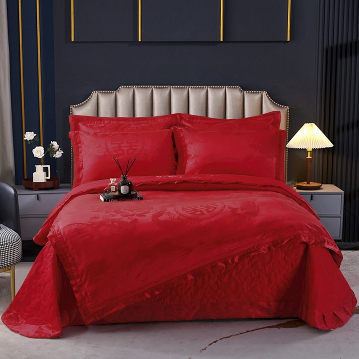 OL家纺 2025新款亲肤丝加棉提花四件套 双喜龙凤-砖红