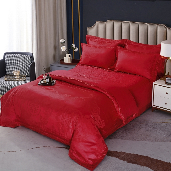 91家纺网 家纺一手货源 找家纺 OL家纺 2025新款亲肤丝加棉提花四件套 双喜龙凤-砖红